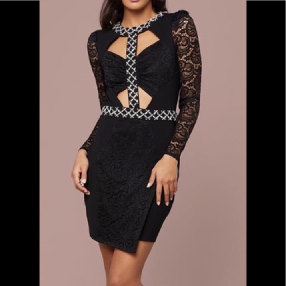 NWT Bebe Black embellished lace wrap dress size M